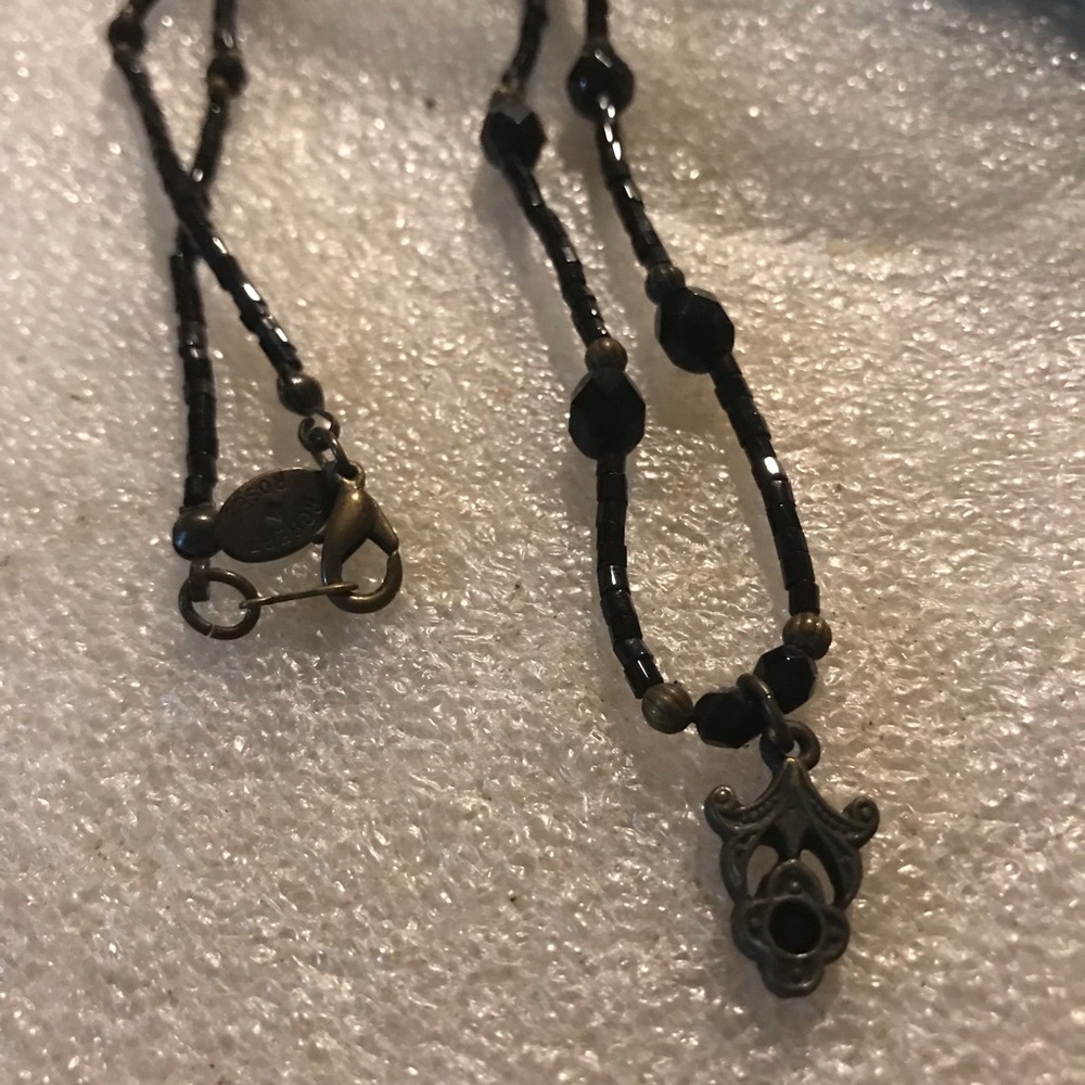 Black Beaded Pendant Necklace with Antique Silver Accents